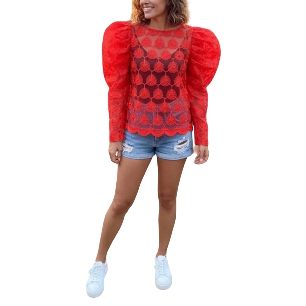 # A032   N BY NANCY  Romantic Vibe  Red  puffy sleeves Vintage top NWT  XL